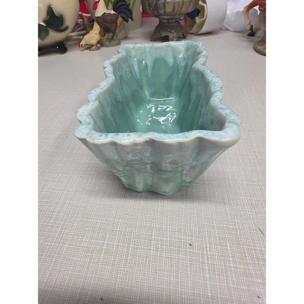 Vintage UPCO USA Ceramic Planter Seafoam Green Drip Glaze Scalloped Trough 825